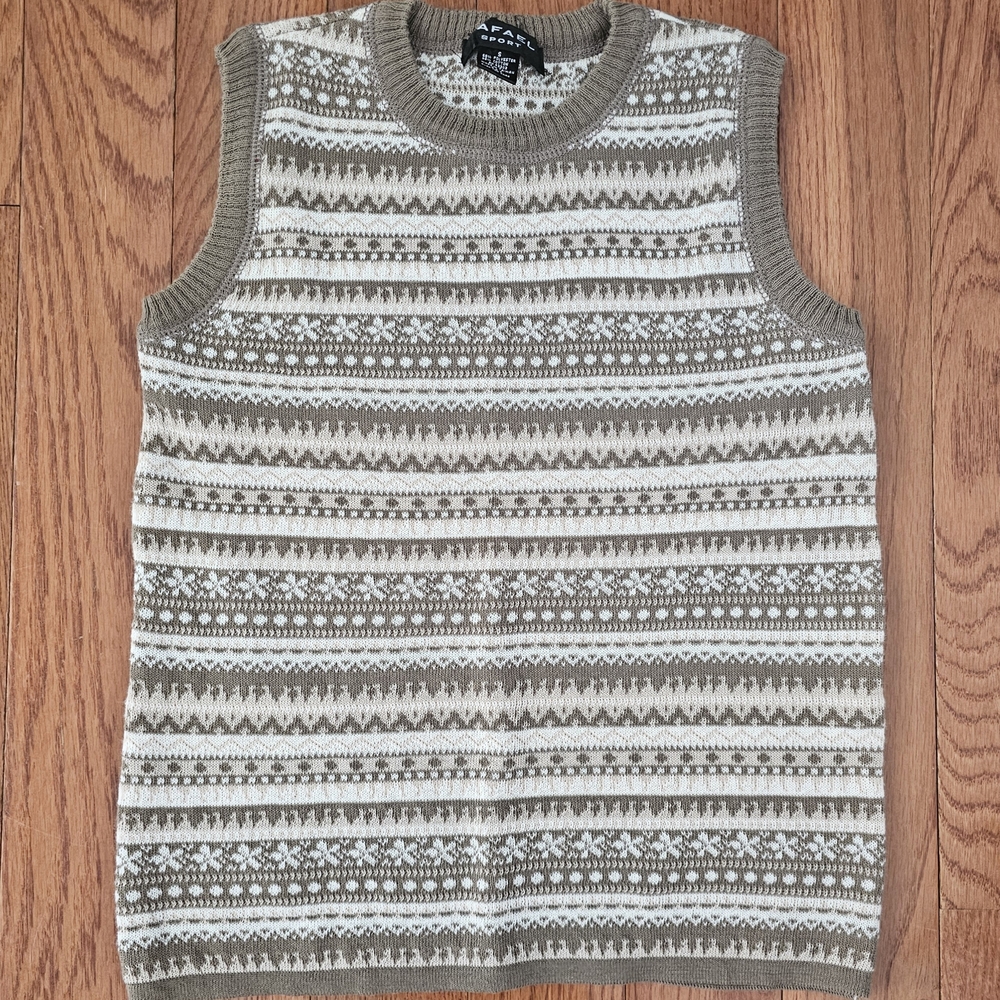Women's Brown and Cream Patterned Crewneck Sweater Vest Size S